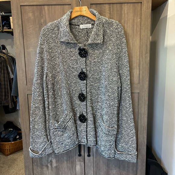 Willow Jackets & Blazers - Willow Sweater Coat Large Button Up Knit Jacket Lagenlook Black White